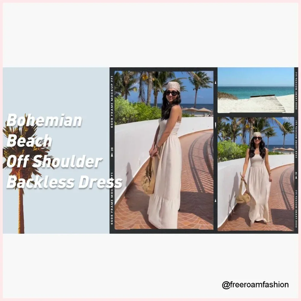 Strapless Maxi Dress Boho Floral Smocked Waist A-Line Summer Beach - Picture 7 of 7
